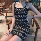 Lettering Spaghetti Strap Knit Mini Sheath Dress As Shown In Figure - One Size