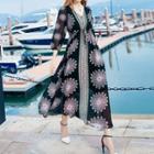 3/4-sleeve V-neck Printed Chiffon Dress