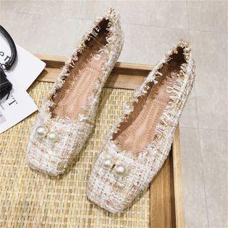 Fringed Trim Tweed Faux Pearl Flats