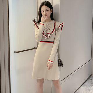 Long-sleeve Contrast Trim Ruffled Knit Dress