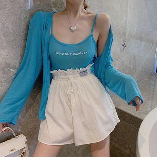 Long-sleeve Plain Cardigan + Lettering Camisole Top / Drawstring Plain Wide-leg Shorts