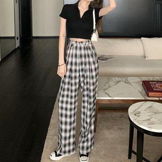 Short-sleeve Knit Crop Top / Plaid Wide-leg Pants