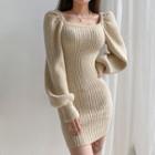 Puff Sleeve Square-neck Ribbed-knit Mini Dress