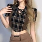 Short-sleeve Plaid Panel Lace-up Crop Top