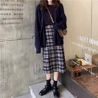 Loose-fit Cardigan / Plaid Midi Skirt