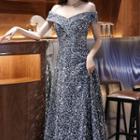 Cap-sleeve Floral Print A-line Evening Gown