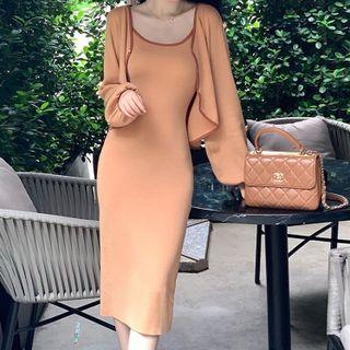 Set: Contrast Trim Cardigan + Spaghetti Strap Knit Sheath Dress