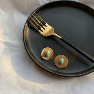 Retro Turquoise Alloy Disc Earring 1 Pair - Stud Earrings - 925 Silver - As Shown In Figure - One Size