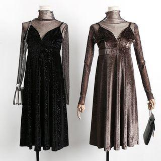Set: Glitter Mesh Top + Sleevless Velvet Dress