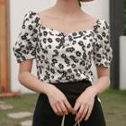Puff-sleeve Floral Print Embellished Top