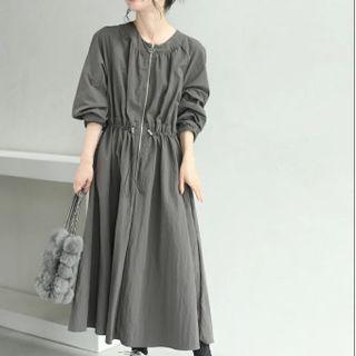 Puff-sleeve Drawstring A-line Dress Dark Gray - One Size