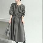 Puff-sleeve Drawstring A-line Dress Dark Gray - One Size