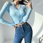 Cutout-shoulder Button-up Crop T-shirt