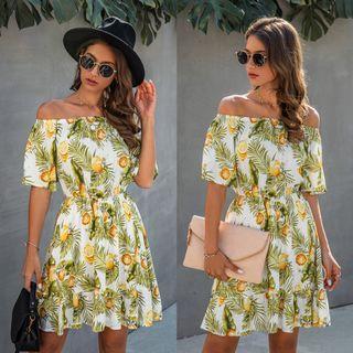 Off-shoulder Short-sleeve Printed Mini A-line Dress