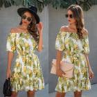 Off-shoulder Short-sleeve Printed Mini A-line Dress