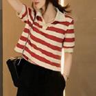 Short-sleeve Open-back Striped Polo Shirt