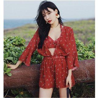 Set: Cherry Print Bikini + Playsuit