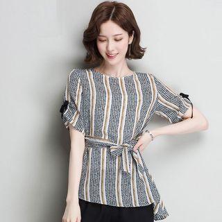 Short-sleeve Stripe Chiffon Blouse With Sash