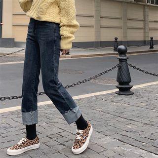 Frayed Roll-up Straight-cut Jeans