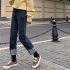 Frayed Roll-up Straight-cut Jeans