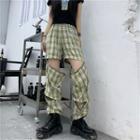 Gather-cuff Removable Plaid Straight-cut Pants