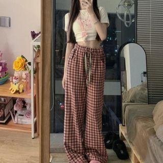 Short-sleeve Cat Print Cropped T-shirt / Plaid Wide Leg Pants