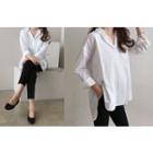 Collared Long-sleeve Open-placket Cotton Top