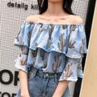 Elbow-sleeve Tiered Off-shoulder Chiffon Top