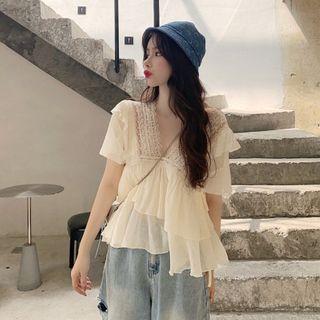 Lace Trim Short-sleeve Top As Shown In Figure - One Size
