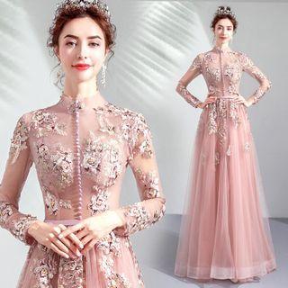 Long-sleeve Embroidered Mesh A-line Evening Gown