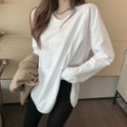 Plain Long Sleeve Side-slit T-shirt White - One Size
