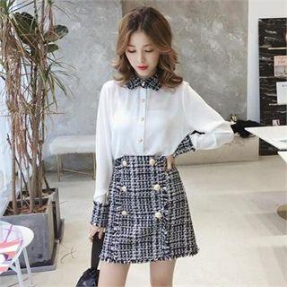 Set: Wide-cuff Blouse + Tweed A-line Miniskirt