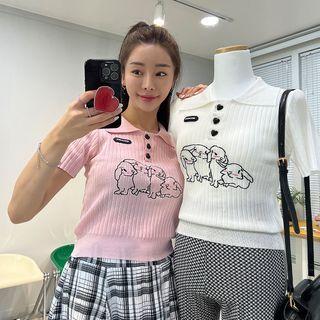 Heart-button Embroidered Knit Polo Shirt