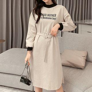 Lettering Long-sleeve Belted Midi A-line Dress