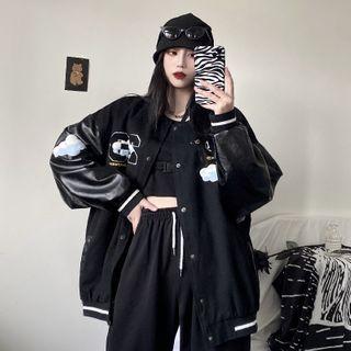 Embroidered Faux Leather Panel Baseball Jacket