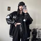 Embroidered Faux Leather Panel Baseball Jacket