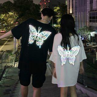 Elbow-sleeve Reflective Butterfly Print T-shirt