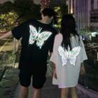 Elbow-sleeve Reflective Butterfly Print T-shirt