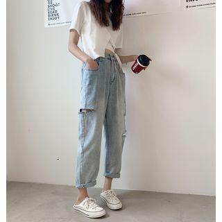 Short-sleeve Asymmetric Side-tie T-shirt / Ripped Straight Cut Jeans