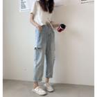 Short-sleeve Asymmetric Side-tie T-shirt / Ripped Straight Cut Jeans