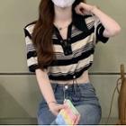 Short-sleeve Striped Crop Top Striped - Black & White - One Size