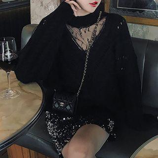 Mesh Panel Mock Neck Cable-knit Sweater