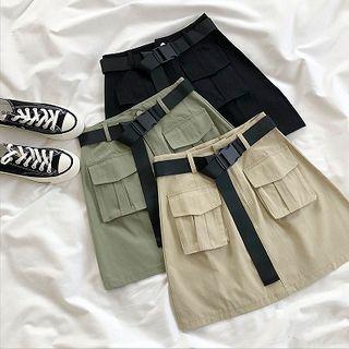 Double-pocket Plain High-waist Cargo Shorts With Belt