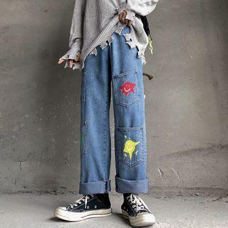 High-waist Smiley Face Print Jeans