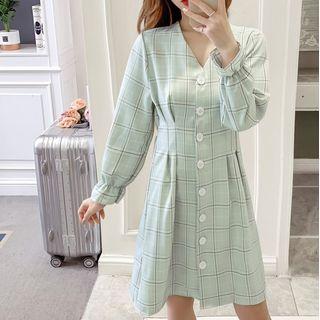 Plaid V-neck Button A-line Dress