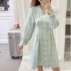 Plaid V-neck Button A-line Dress