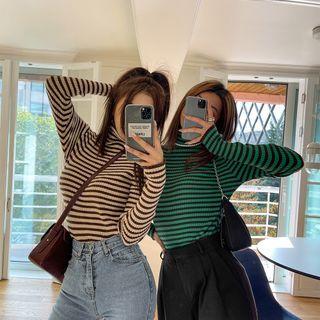 Turtle-neck Stripe Ribbed Top