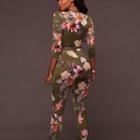Deep V-neck 3/4-sleeve Floral Print Jumpsuit
