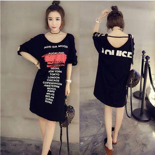 Lettering Cutout Elbow-sleeve T-shirt Dress