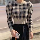 Puff-shoulder Gingham Cropped Knit Top